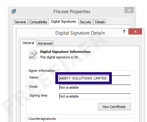 Screenshot of the ABBYY SOLUTIONS LIMITED certificate